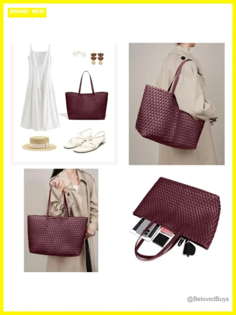 Woven Leather Large Capacity Tote Bag with Matching Pouch